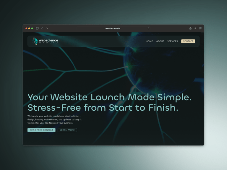 A browser mockup displaying a user interface for a hero section of the Webscience Studio homepage