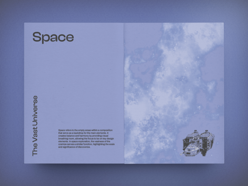 Soft blue pages from a graphic design zine featuring text about space on the left page and an illustration of a relatively small spaceship compared to the vastness of space on the right page.