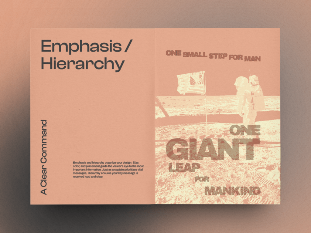 Peach tone pages from a graphic design zine featuring text about visual hierarchy on the left page and an iconic image of an astronaut on the moon on the right page.