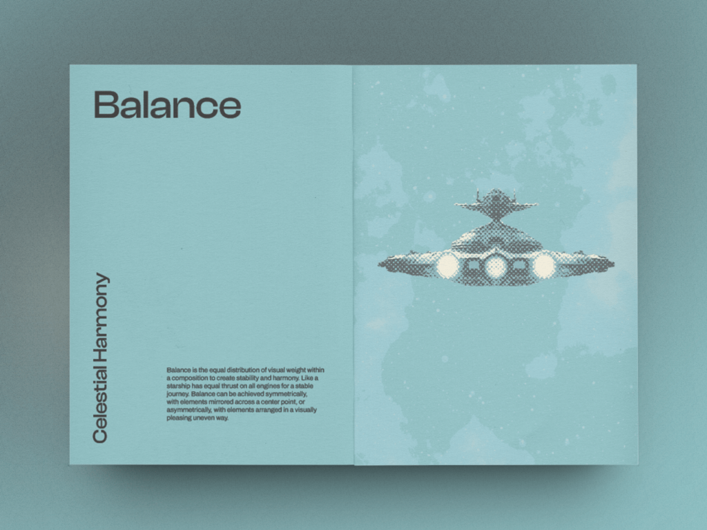 Teal pages from a graphic design zine featuring text about balance on the left page and an image of a spaceship's balanced rear thrusters on the right page.