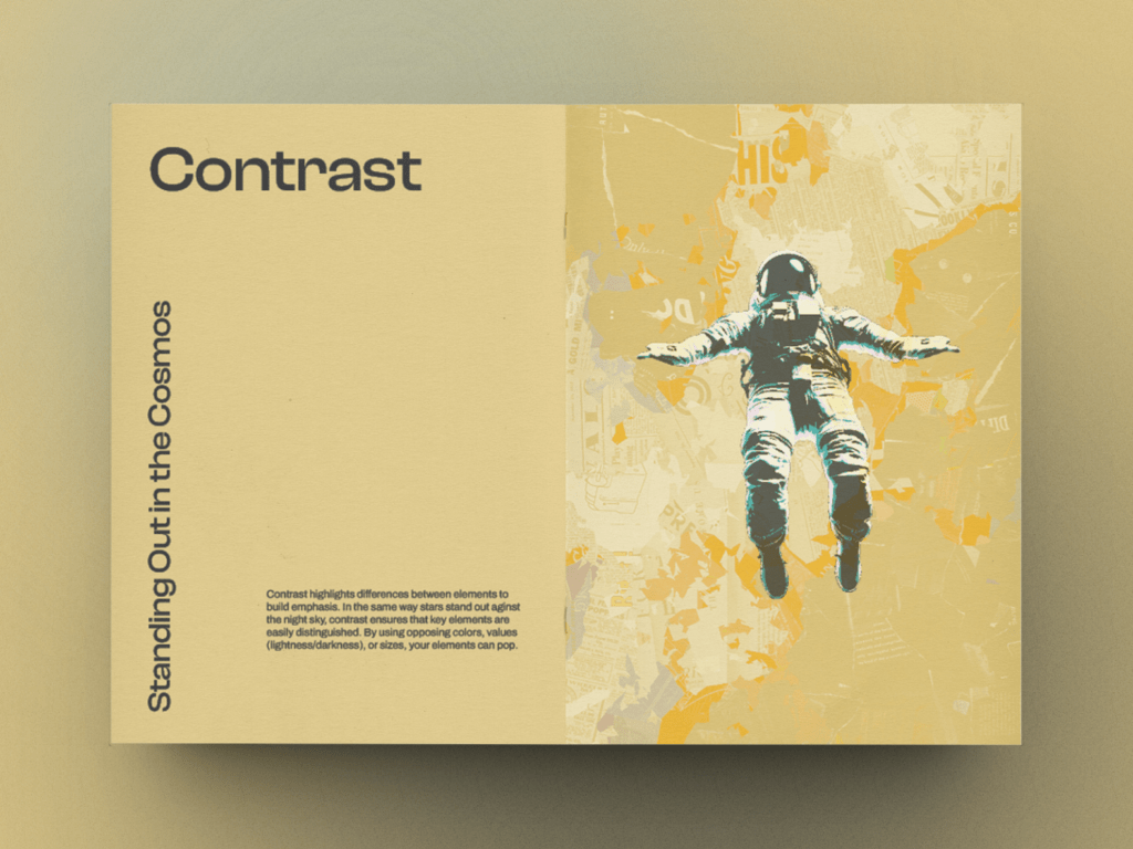 Yellow pages from a graphic design zine featuring text about contrast on the left page and a graphic of an astronaut set against a textured background on the right page.