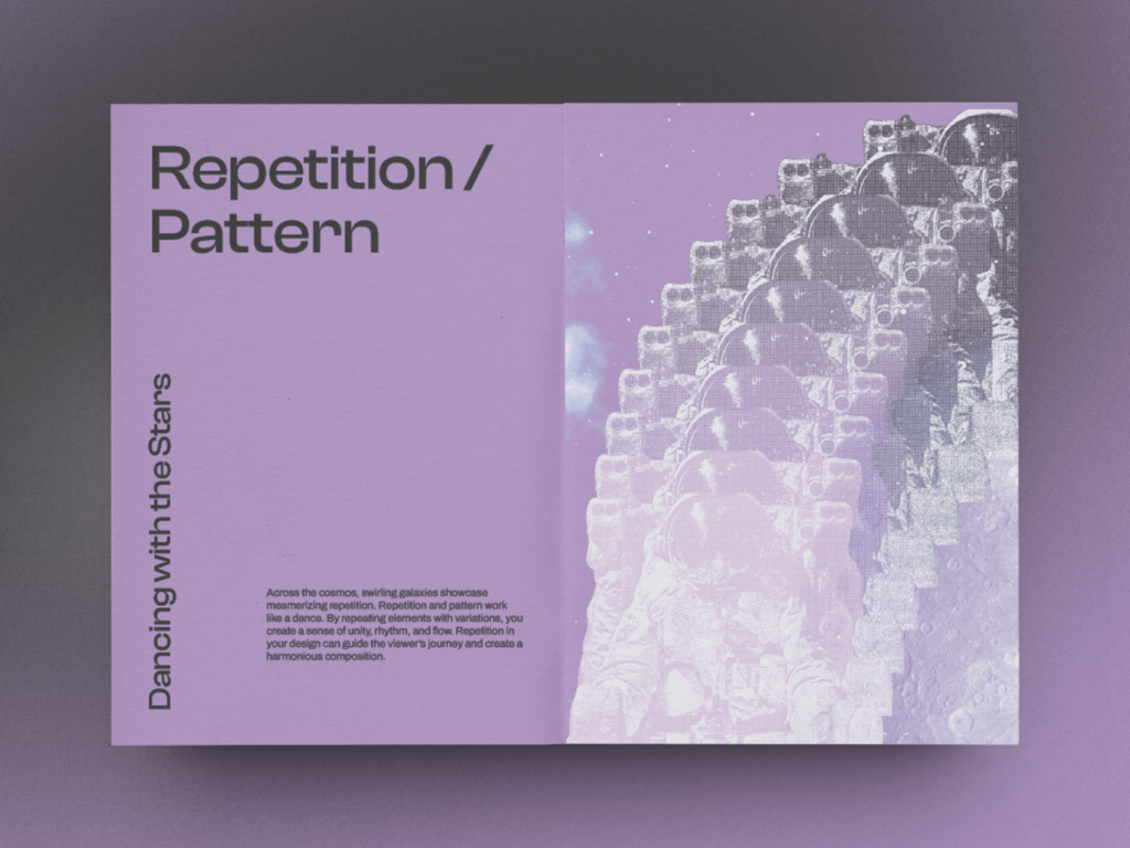 Purple pages from a graphic design zine featuring text about repetition on the left page and a repeating image of an astronaut, each offset from the one before it on the right page.