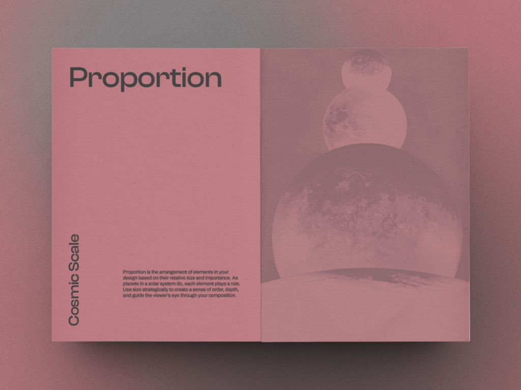 Red pages from a graphic design zine featuring text about proportion on the left page and an image of 3 planets in line getting smaller to indicate depth on the right page.