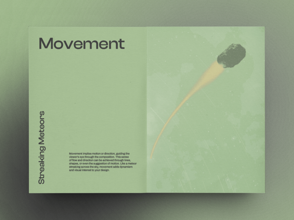 Green pages from a graphic design zine featuring text about movement on the left page and a stylized image of a meteor streaking across the right page.