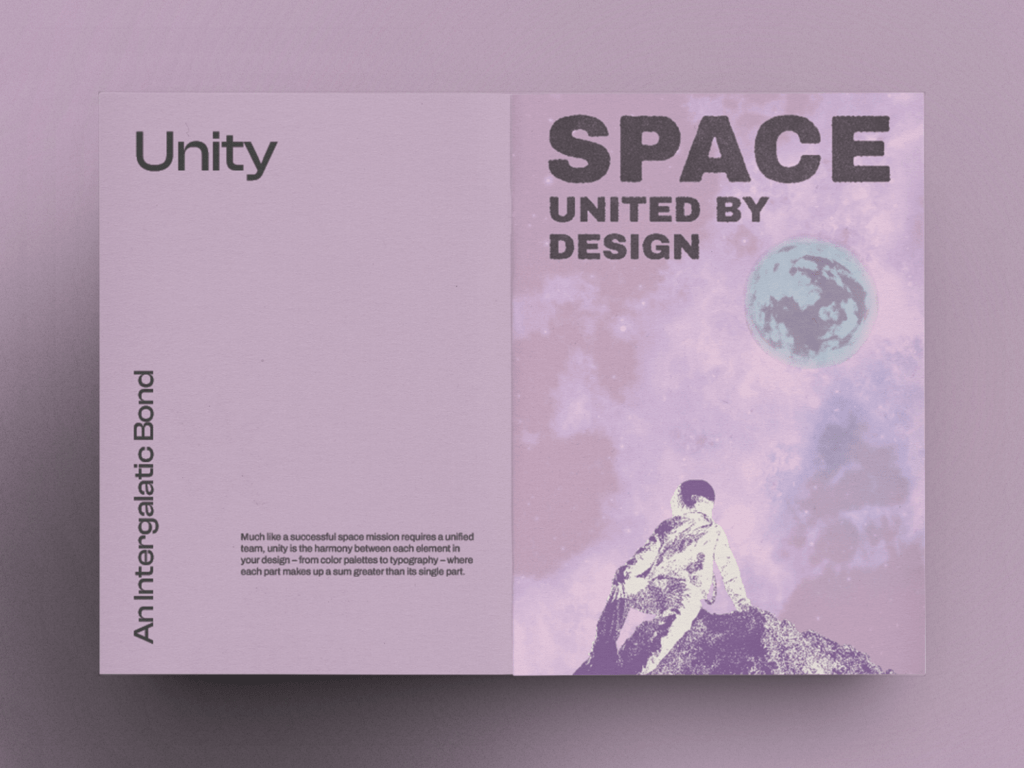 Pink pages from a graphic design zine featuring text about unity on the left page and a composition of an astronaut sitting on a boulder on earth looking up to a planet in the sky on the right page. At the top are the words "Space, united by design"