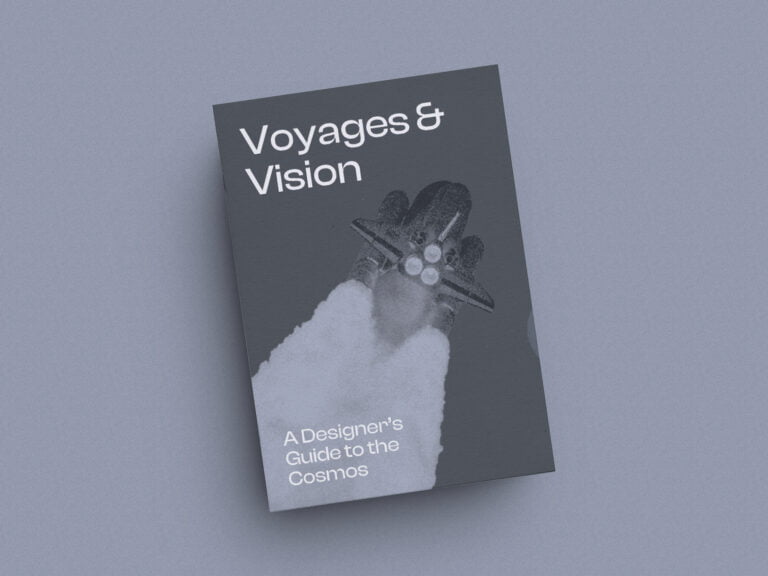 A zine titled "voyages & vision: a designer's guide to the cosmos" featuring a graphical depiction of a rocket launch on its cover.