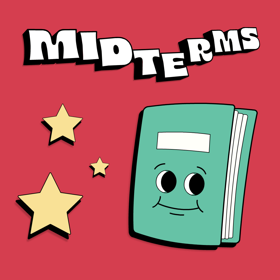animated Illustration of a cheerful green book character next to the word "midterms" with yellow stars on a red background.