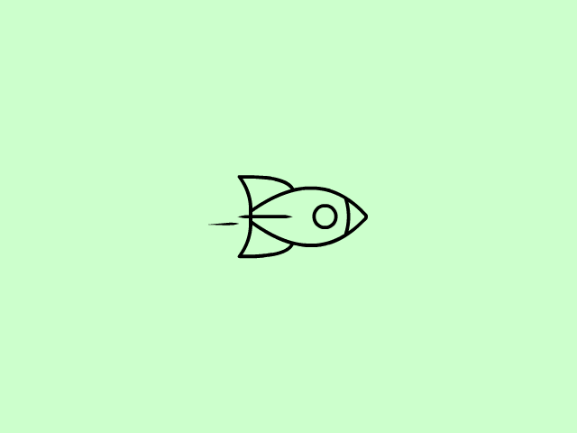 A looping animation of simple black line drawing of a rocket ship, flying in place until it exits the frame to the right and reveals the word "welcome", on a plain light green background.